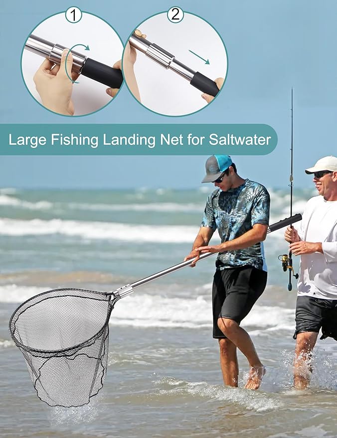 Avlcoaky Rubber Fishing Net - Large Saltwater Fishing Landing Net with Telescoping Handle for Kayak Fishing - Extends 70 to 94 Inch, 27.5 Inch Depth