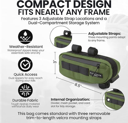 ALMSTHRE Compact Bike Frame Bag – Hunter Green | Weather-Resistant, Waterproof Zippers & Dual-Sided Access for Road, MTB, and Ebike Frames