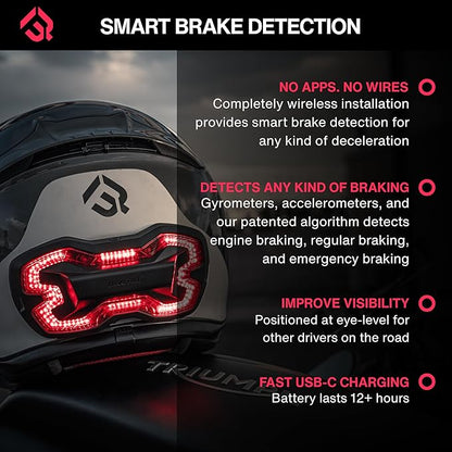 Brake Free Helmet Light - Smart Wireless Motorcycle Lights- Weatherproof LED Motorcycle Helmet Light - Lightweight & Aerodynamic Design - Smart Brake Detection - Single Button Operation - Black
