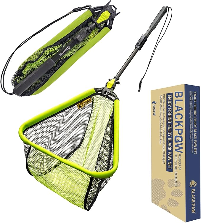 Black Paw Floating Fishing Net Foldable Telescopic Fish Landing Net with Built in Length Scale Rubber Coated for Kayak, Fly, Trout
