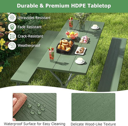 Tangkula 6 Ft Picnic Table with 2 Built-in Benches, Umbrella Hole, Metal Frame & HDPE Tabletop, 8-Person Large Table and Bench Set for Garden, Backyard, Patio (Green)
