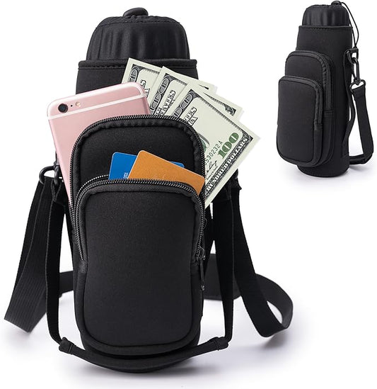 linmaya Water Bottle Carrier Bag, Insulated Water Bottle Bag Fits Stanley IceFlow Owala 16/24/32/40oz Tumbler, Water Bottle Holder with Shoulder Hand Straps, 2 Pockets for Travel, Hiking, Camping