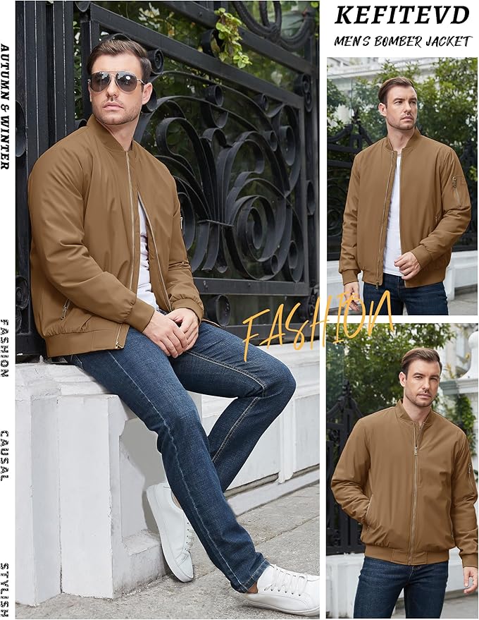 KEFITEVD Men's Jacket Casual Windproof Bomber Jackets Full Zip Windbreaker Warm Winter Padded Coats