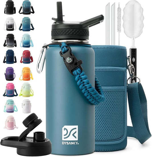 Insulated Water Bottle | Thickened Stainless Steel Vacuum Metal | Portable Sports Water Jug for Gym and Hiking with Straw, Carrier Bag, Handle Strap | BPA-Free 32 oz