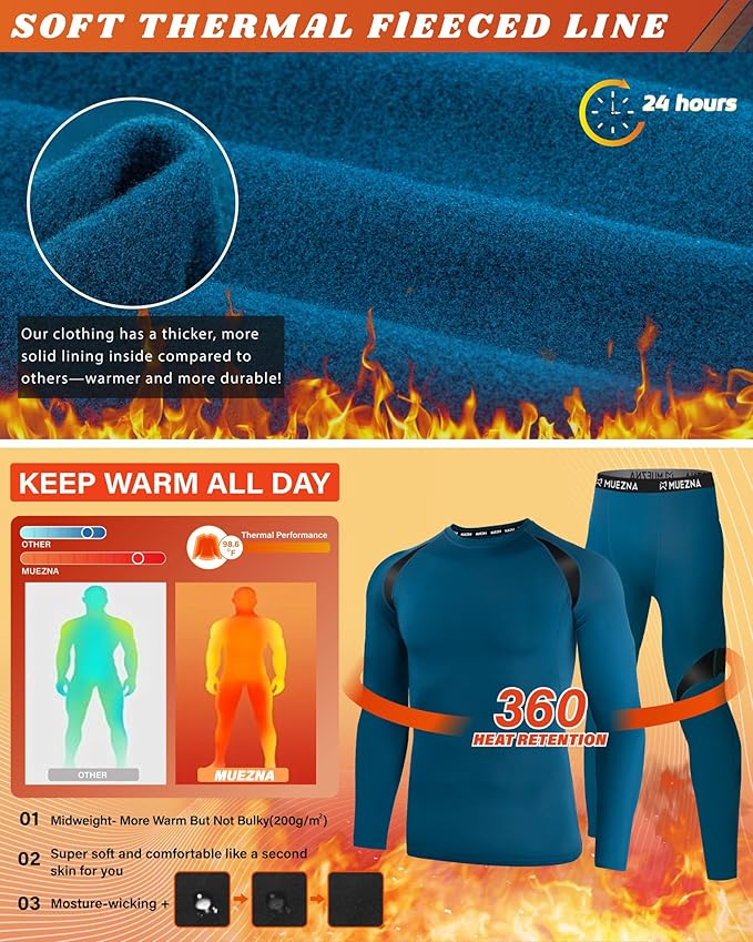 Muezna Men's Thermal Top and Bottom Set Underwear Long Johns Base Layer with Soft Fleece Lined