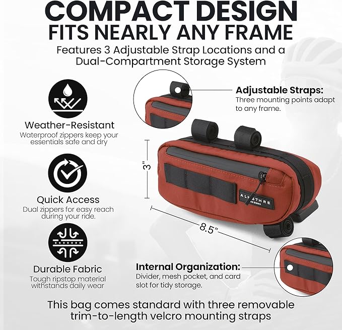 ALMSTHRE Compact Bike Frame Bag – Rust Red | Weather-Resistant, Waterproof Zippers & Dual-Sided Access for Road, MTB, and Ebike Frames