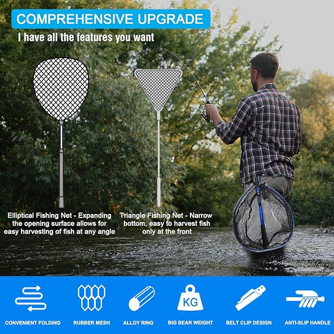 LBW Collapsible Fishing Net with Handle, Folding Kayak Net for Freshwater or Saltwater, Trout Catfish Bass Compact Rubber Landing Net