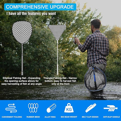 LBW Collapsible Fishing Net with Handle, Folding Kayak Net for Freshwater or Saltwater, Trout Catfish Bass Compact Rubber Landing Net
