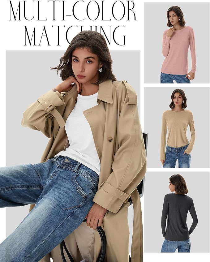 Huukeay 5 Pack Women's Crew Neck Long Sleeve Shirts, Cotton Blend Casual Clothes Workout Basic Layering Tee Tops Multipack