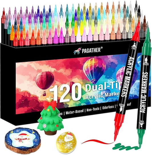 120 Colors Acrylic Paint Markers, Dual Tip Fine Tip and Brush Tip Pens Contain 24 Metallic Color for Stone, Wood, Calligraphy, Canvas, Ceramic, Metal, Glass, Rock Painting, DIY Crafts