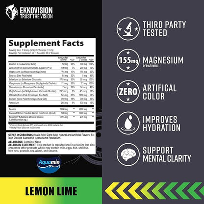 Ekkovision Ekkolyte Electrolytes & Minerals Powder, 50 MG Vitamin C & 155 MG Magnesium for Hydration Support, Essential Electrolytes for Women & Men, Lemon Lime Flavored Electrolyte Mix, 120 Servings