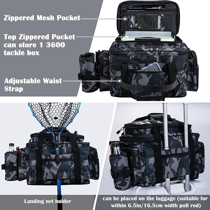 Goture Fishing Tackle Bag, Store Up to 4PCS 3700 Plus 2PCS 3600 Tackle Trays(Not Included), 600D Soft Side Gear Storage Fishing Bag with Rod Straps,Detachable Water Bottle Pouch,Waterproof Bottom