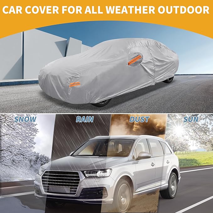 Universal Car Cover Waterproof All Weather 190T-PU, UV Sun Rain Protection, Fits for Sedan Length 199"-208", with Left Side Zipper, Silver Tone