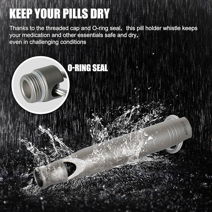 Titanium Emergency Whistle with Hidden Pill Holder Case, Portable Waterproof Fob Medicines Organizer 120db+ Survival Whistles Keychain Container for Outdoors, Camping, Travel EDC Accessories