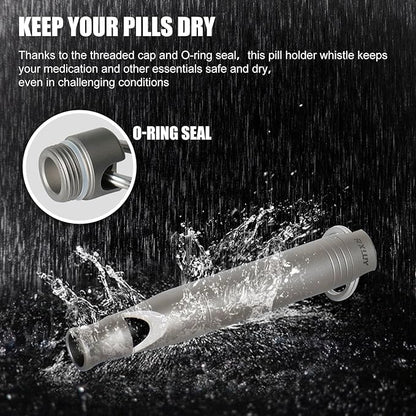 Titanium Emergency Whistle with Hidden Pill Holder Case, Portable Waterproof Fob Medicines Organizer 120db+ Survival Whistles Keychain Container for Outdoors, Camping, Travel EDC Accessories
