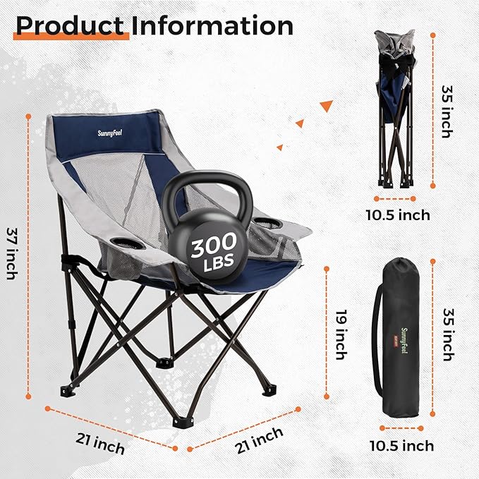SUNNYFEEL Lightweight Oversized Camping Chairs for Adults Portable Folding Chair with Side Pockets & Cup Holde for Beach,Fishing,Trip,Picnic,Lawn,Concert Outdoor, Carry Bag Included