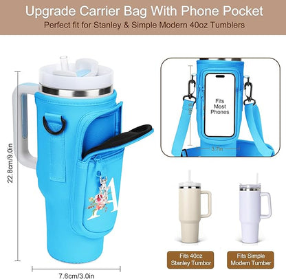 Initial Water Bottle Holder with Strap for Stanley 40 oz Tumbler/Simple Modern 40 oz Tumbler,Water Bottle Carrier Bag with Strap,Personalized A-Z Phone Pocket for Stanley Cup Accessories