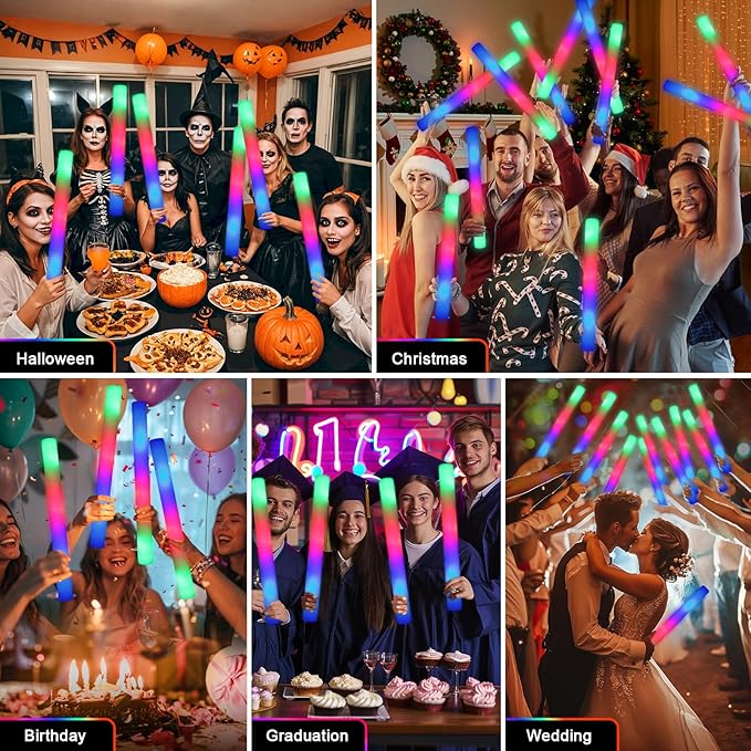 64 Pack Foam Glow Sticks, Bulk LED Foam Sticks, Foam Light Up Sticks with 3 Mode Colorful Flashing, Glow Party Supplies, Glow Sticks Bulk Party Pack for Wedding, Birthday, Concert, Halloween