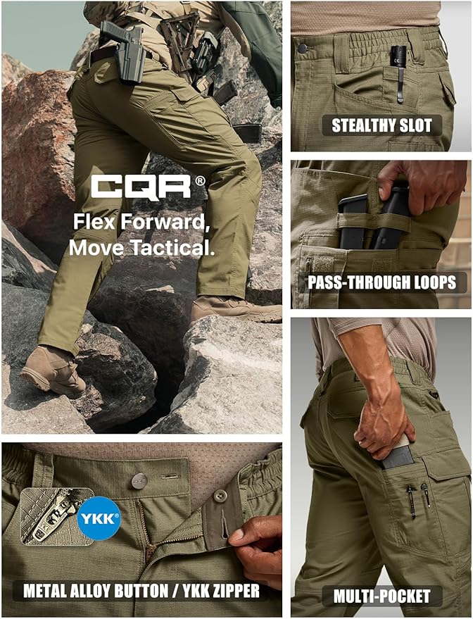 CQR Men's Flex Stretch Tactical Pants, Water Resistant Ripstop Cargo Pants, Lightweight EDC Outdoor Work Hiking Pants