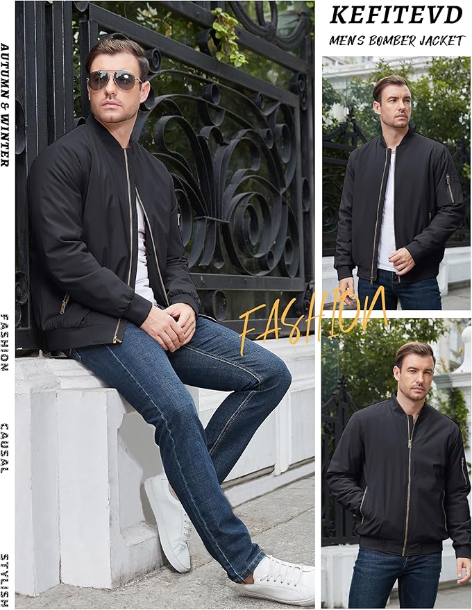 KEFITEVD Men's Jacket Casual Windproof Bomber Jackets Full Zip Windbreaker Warm Winter Padded Coats