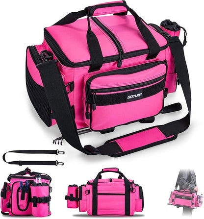 Goture Fishing Tackle Bag,Store Up to 4PCS 3700 Tackle Boxes(Not Included),600D Soft Side Water-Resistant Saltwater Gear Storage Fishing Bag with Rod Straps,Detachable Water Bottle Pouch,SBS Zippers