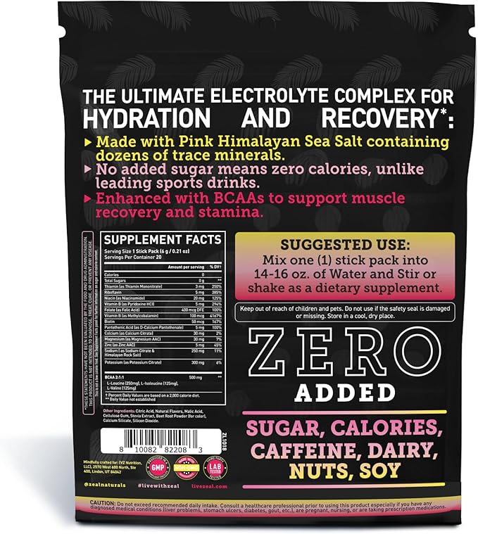 Zeal Naturals Enhanced Electrolyte Powder Stick Packs (Pink Lemonade - 20 Packets) Sugar Free + BCAA B-Vitamins & Pink Himalayan Salt - Keto Electrolytes, Hydration Powder