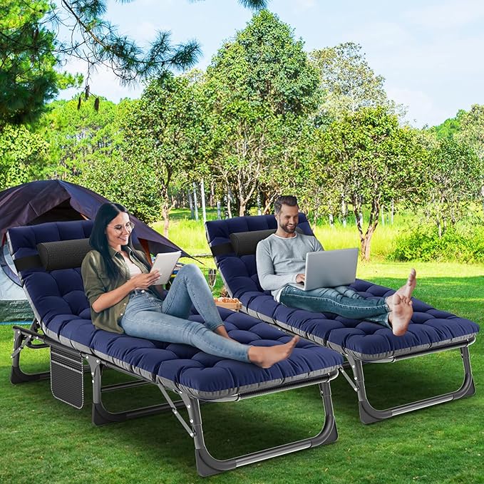 LILYPELLE Folding Lounge Chair with Mattress, 5 Position Adjustable Folding Cot Portable Outdoor Folding Chaise Lounge Chair for Outside, Sunbathing, Camping, Pool, Beach, Patio