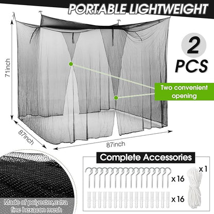 Tranqun 2 Pcs Mosquito Netting for Patio, Ultra Large Mosquito Net l 87 x W 87 x H 71 Inch for Bed with 2 Side Openings 16 Hanging Loops for Camping Home Outdoor Travel Dormitory Decor (Black)