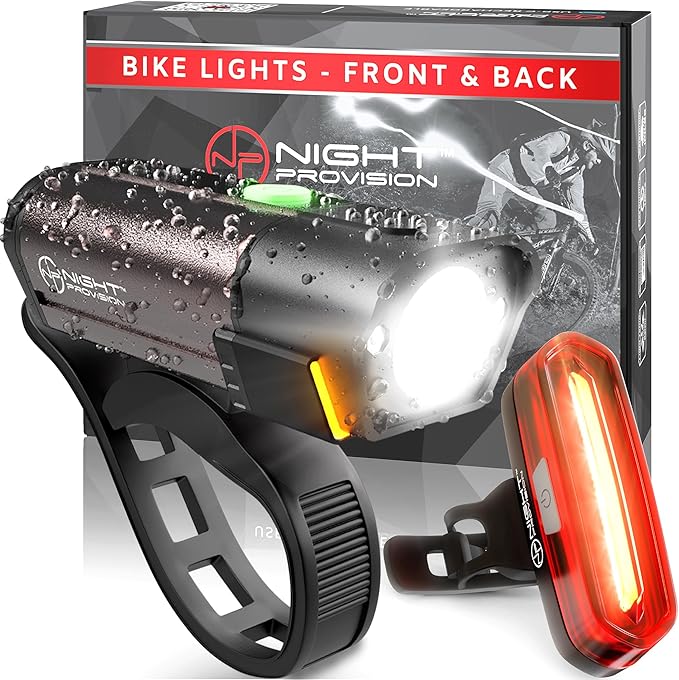 NP NIGHT PROVISION BX-300 USB Rechargeable LED Bike Light Set Front and Back Cycling Safety Lights Best Headlight with New DUO-120 USB Tail Light for Adults Kids Men Women