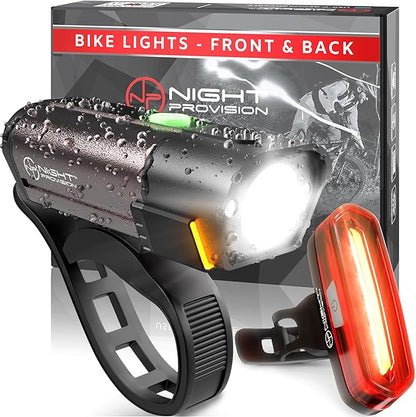 NP NIGHT PROVISION BX-300 USB Rechargeable LED Bike Light Set Front and Back Cycling Safety Lights Best Headlight with New DUO-120 USB Tail Light for Adults Kids Men Women