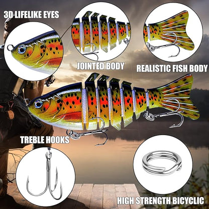 Multi Jointed Swimbait Saltwater Fishing Lures with Sharp Treble Hooks, Bass Fishing Lures Walleye Trout, Lifelike Slow Sinking Fish Bait Lures Kit Freshwater