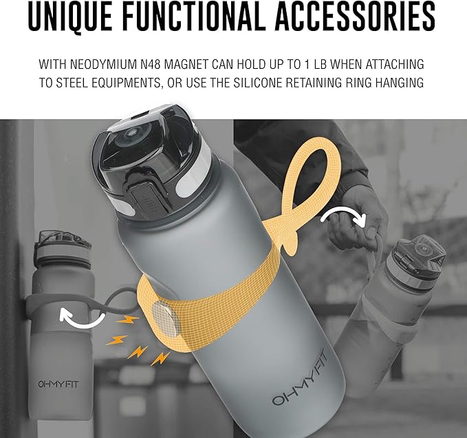 Tritan Sports Water Bottle with Magnetic Silicone Carry Strap & One Click Open Cap - Magnetic Drink Holder for Metal Equipment - Bottle w/Straps for Backpack, Belt & More (30oz, Onyx Black)
