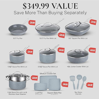 Granitestone 20 Pc Ceramic Cookware Set Nonstick, Complete Pots and Pans Set Non Stick for Kitchen with Bakeware, Cooking Utensils & Steamer, Non Toxic Made Without PFOA PFOS, Oven & Dishwasher Safe
