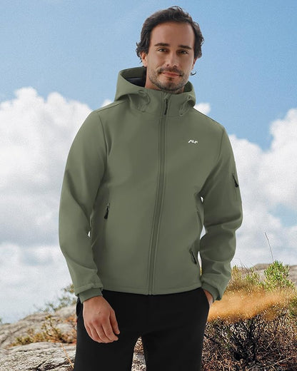 WULFUL Men's Lightweight Softshell Jacket Warm Fleece Lined Windbreaker Waterproof Soft Shell for Outdoor Hiking