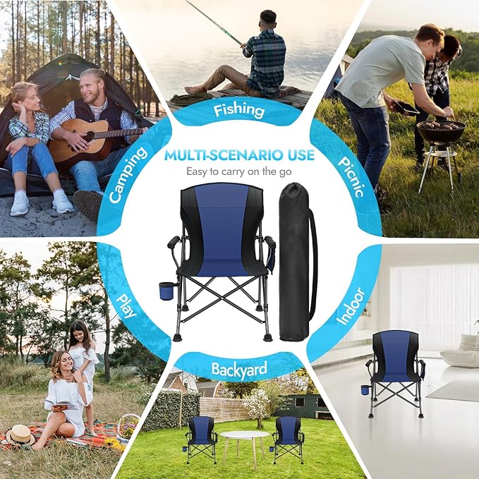Oversized Folding Camping Chair for Adults, Supports 450 LBS Camping Chairs, Heavy Duty Camping Chair with Side Pockets, Foldable Outdoor Chair for Camping, Beach, Fishing, Hiking, Blue-Black