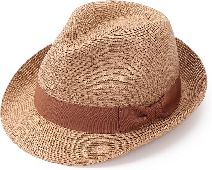 DRESHOW Women Straw Sun Hat Short Brim Panama Travel Fedora Beach Cap Roll up Summer Hat for Women Men UPF 50+
