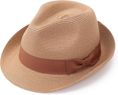 DRESHOW Women Straw Sun Hat Short Brim Panama Travel Fedora Beach Cap Roll up Summer Hat for Women Men UPF 50+