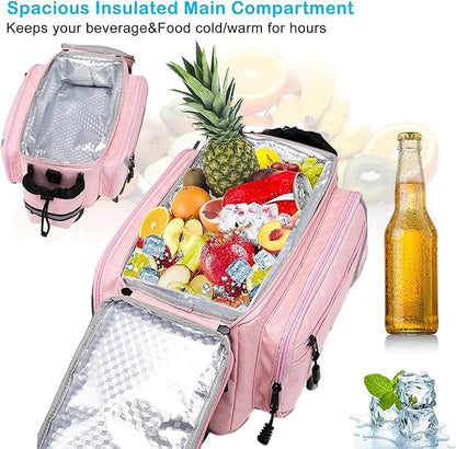 MOSISO Bike Rack Bag with Rain Cover, Bike Trunk Cooler Handag Insulated Bicycle Rear Seat Pouch with 2 Side Foldable Panniers, 8L Cycling Backseat Storage Cargo Saddle Shoulder Bag, Pink