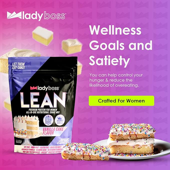 LadyBoss Lean Protein Shake Vanilla Cake Flavor - Meal Replacement & Craving Support with Grass-Fed Whey, 18 Vitamins & Nutrients - 30 Servings