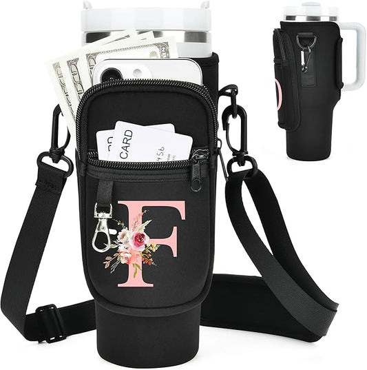 Initial Water Bottle Holder with Strap for Stanley 40 oz Tumbler/Simple Modern 40 oz Tumbler,Water Bottle Carrier Bag with Strap,Personalized A-Z Phone Pocket for Stanley Cup Accessories