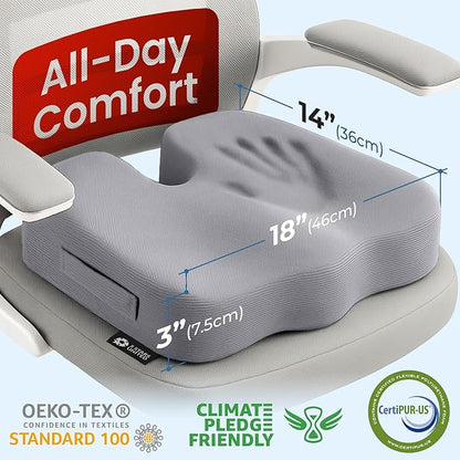 5 STARS UNITED Seat Cushion for Tailbone Pain Relief – Memory Foam Cushion for Coccyx, Hip, Hemorrhoid, Sciatica & Post-Surgery Recovery – Wheelchair, Car, Desk, Gaming & Office Chairs, L Gray