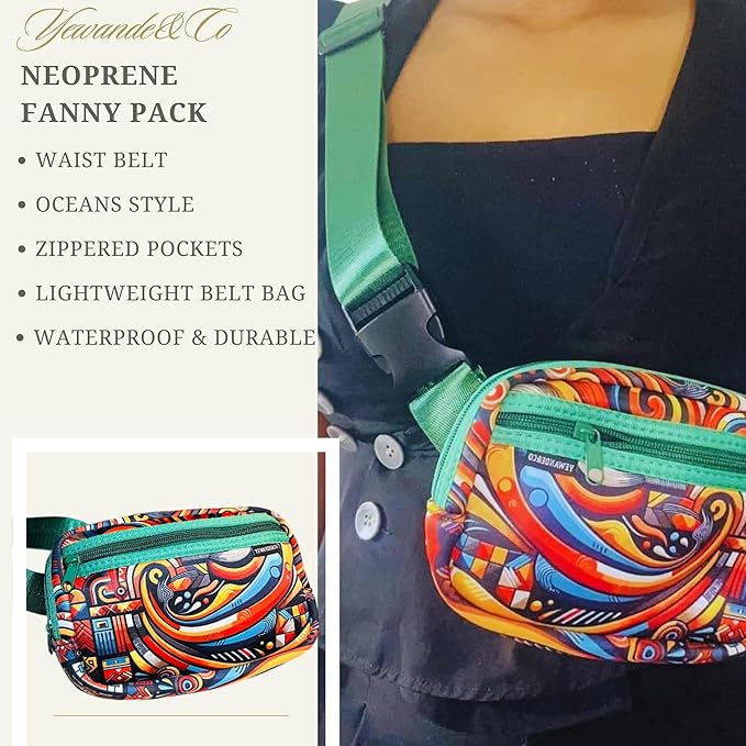 Yewande&co Neoprene Fanny Pack Belt Bag – Lightweight Waterproof Waist Bag with Adjustable Strap, 3 Zippered Pockets, Crossbody Belt Bag for Travel, African Design Crossbody Bags (Oceans)