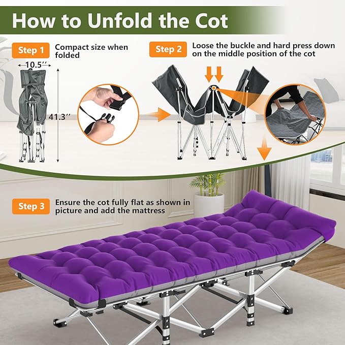 Slendor Folding Camping Cot with Mattress, 74" L x 28" W x 15" H Camp Cots for Adults, Portable Sleeping Cot Bed for Tent, Office, Travel, Max. 500lbs Load, Striated Gray Cot, Gray+Purple Pad