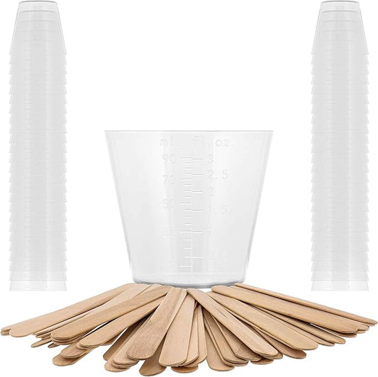 Pouring Masters 3 Oz (90 ml) Liquid Measuring Cups - Plastic Graduated Cup (50 Pack) with 25 Sticks - Reusable Mixing Cups for Paint, Craft, Kitchen, Lab, Medical Supplies, Epoxy Resin, Art
