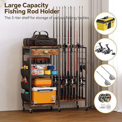 Homeiju Fishing Rod Holder, Fishing Pole Holders for Garage Boat Fishing Gear Storage with Drawer and Wheels, Holds 16 fishing rods for Home Entryway Corner,Rustic Brown