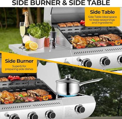 G31 pro Gas Grill 34,000 BTU 3-Burner Propane Grill with Side Burner, Stainless Steel BBQ Grill, Cast Iron Grates & Portable Cart with Wheels，Outdoor Barbecue Grill for Backyard, Patio, Camping