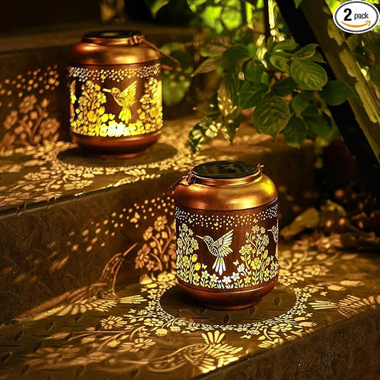 2Pack Hummingbird Solar Lanterns Outdoor Waterproof Birthday Gifts for Women Mom Grandma Metal Solar Decorative LED Lantern Outside for Garden Decor, Yard, Patio, Porch, Backyard, Pathway, Landscape