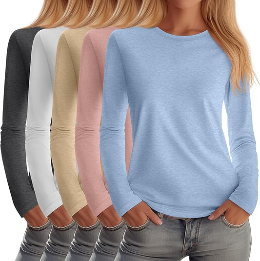 Huukeay 5 Pack Women's Crew Neck Long Sleeve Shirts, Cotton Blend Casual Clothes Workout Basic Layering Tee Tops Multipack