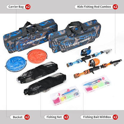 LEOFISHING 2 Set Kids Fishing Pole Set with Full Starter Kits Portable Telescopic Fishing Rod and Reel Cambos with All The Necessary Fishing Kits for Boys Girls and Youth
