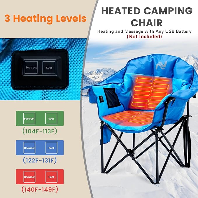 NAIZEA Heated Camping Chairs, Outdoor Heated Camp Chair w/3 Heating Mode, Oversized Heated Chair for Adults, Heavy Duty Folding Camping Chairs for Camping,Fishing,Sports Events,NOT Included Battery